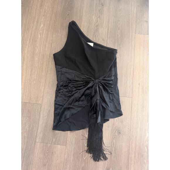 Cinq à Sept Theoline Black One Shoulder Ruched Top Large 100% Silk - Picture 3 of 6